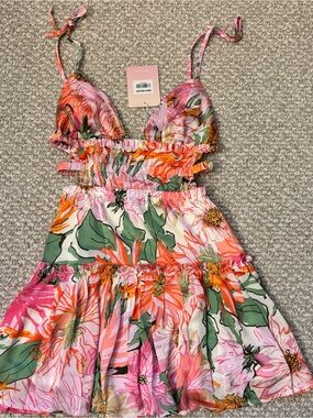 NWT Hello Molly Pink Floral Cutout Ruffled Dress with Orange Accents Size XS